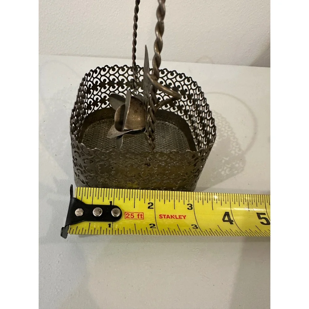 Vintage Metal Filigree Basket Floral Accent Twisted Handle Bronze Tone 4x4
